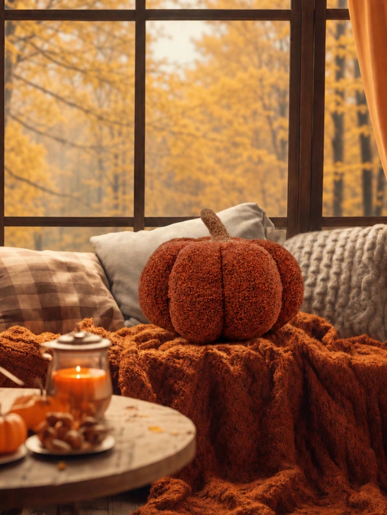1pc Brown Pumpkin Pillow, Cozy Sherpa Plush Round Stuffed Cushion With Soft Textured Details, Decorative Throw Pillow For Sofa, Bed, Bedroom Decor And Living Room Decor, Fall Harvest Halloween Thanksg