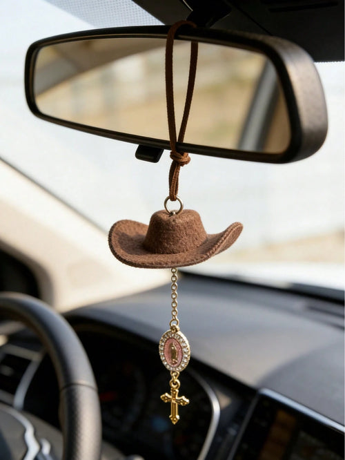 1pc Car Accessory, Interior Decoration, Car Hanging Ornament; Cowboy Hat Cross Pendant, Classic Personalized Style, Printed With "God Bless You, Thank You Lord, Hallelujah" Religious Blessing Slogan