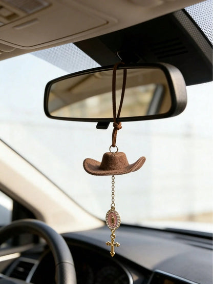 1pc Car Accessory, Interior Decoration, Car Hanging Ornament; Cowboy Hat Cross Pendant, Classic Personalized Style, Printed With "God Bless You, Thank You Lord, Hallelujah" Religious Blessing Slogan