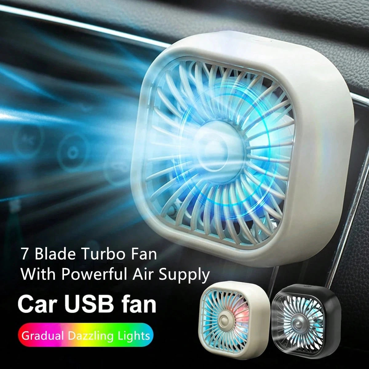 1pc Car Air Vent Cooling Fan, USB Powered Strong 7-Blade Turbine Fan With Gradient Color Atmosphere Light, Low Noise Multi-Function Mini Car Interior Cooling Fan