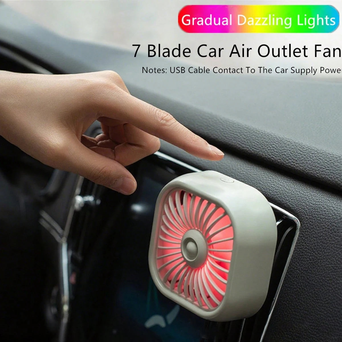 1pc Car Air Vent Cooling Fan, USB Powered Strong 7-Blade Turbine Fan With Gradient Color Atmosphere Light, Low Noise Multi-Function Mini Car Interior Cooling Fan