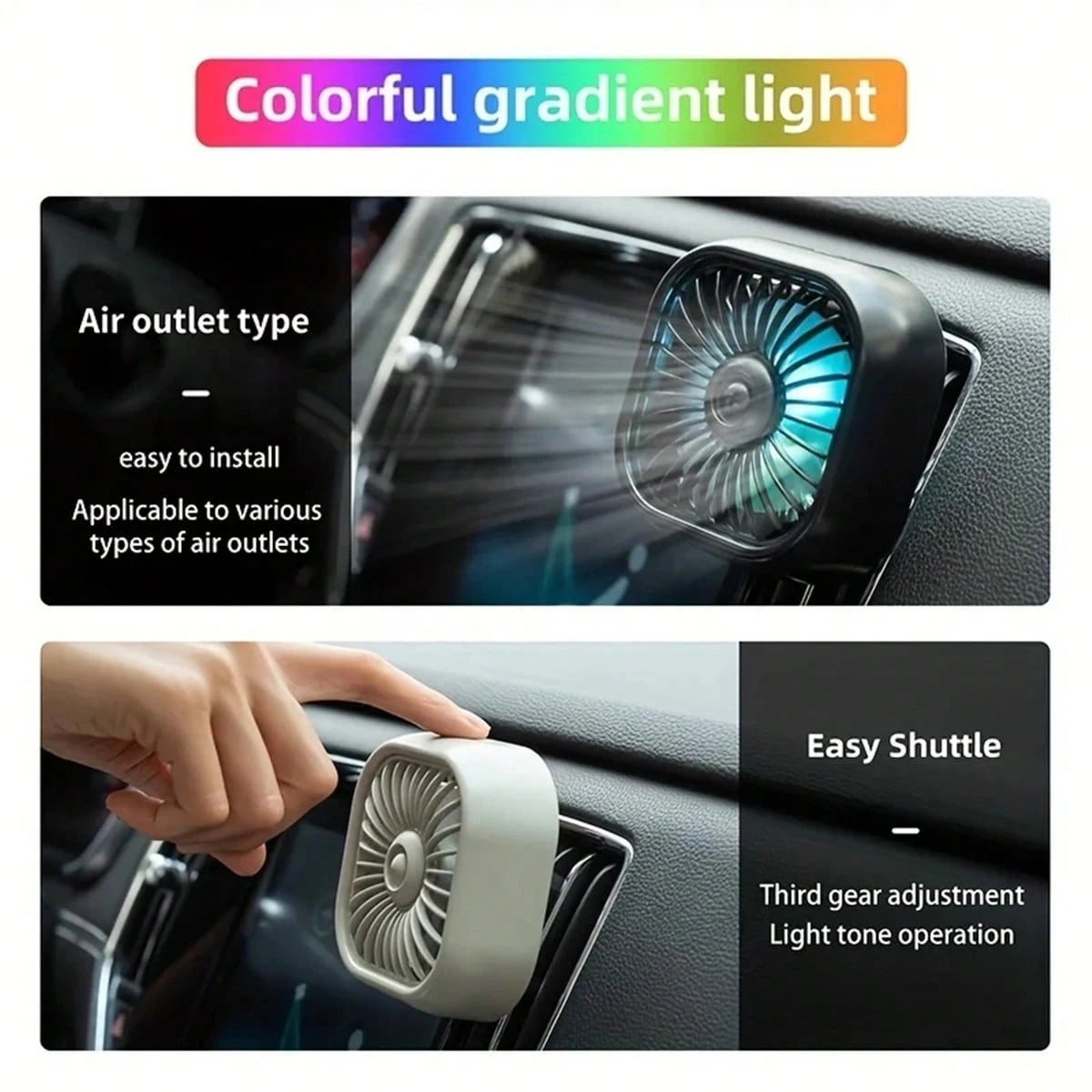 1pc Car Air Vent Cooling Fan, USB Powered Strong 7-Blade Turbine Fan With Gradient Color Atmosphere Light, Low Noise Multi-Function Mini Car Interior Cooling Fan