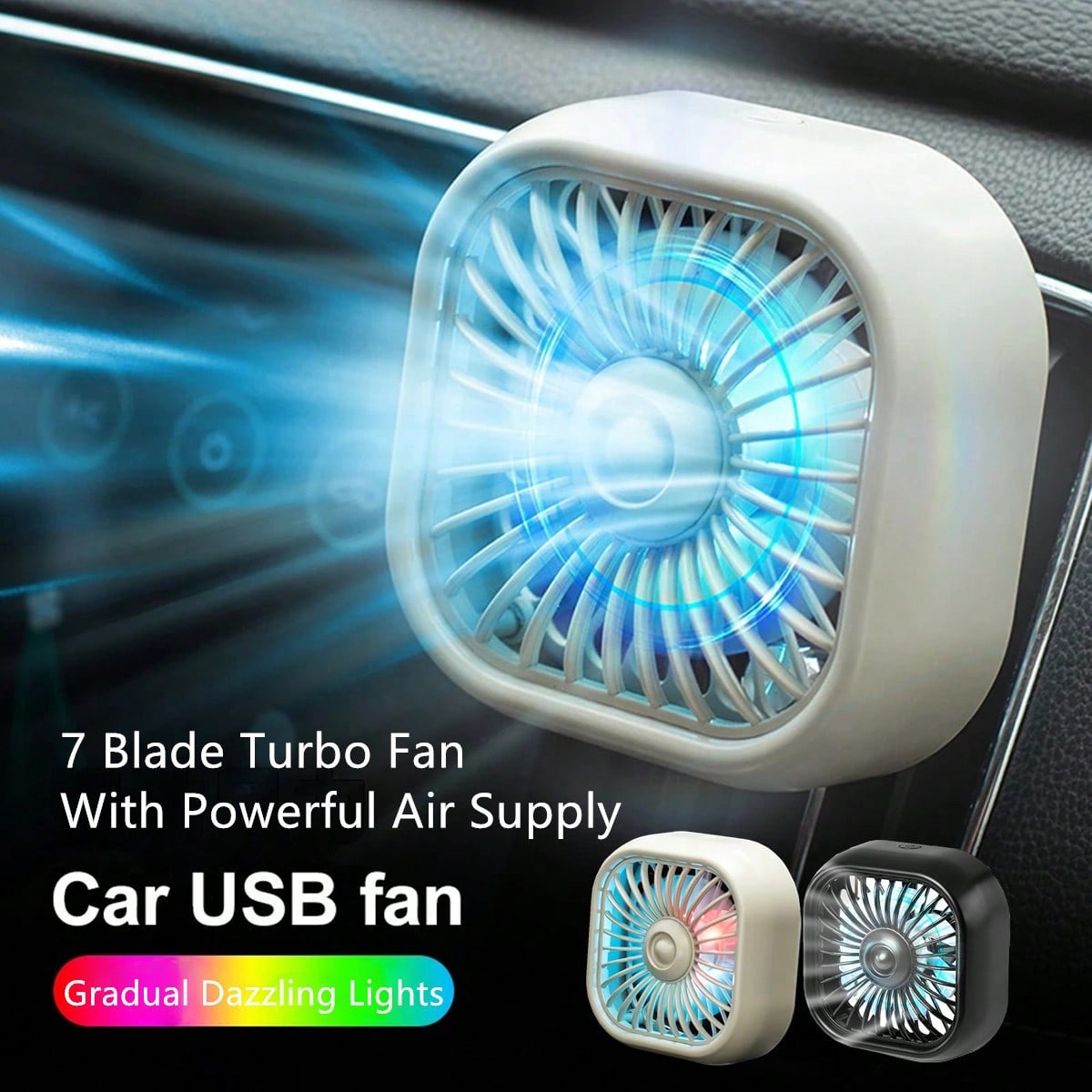1pc Car Air Vent Cooling Fan, USB Powered Strong 7-Blade Turbine Fan With Gradient Color Atmosphere Light, Low Noise Multi-Function Mini Car Interior Cooling Fan