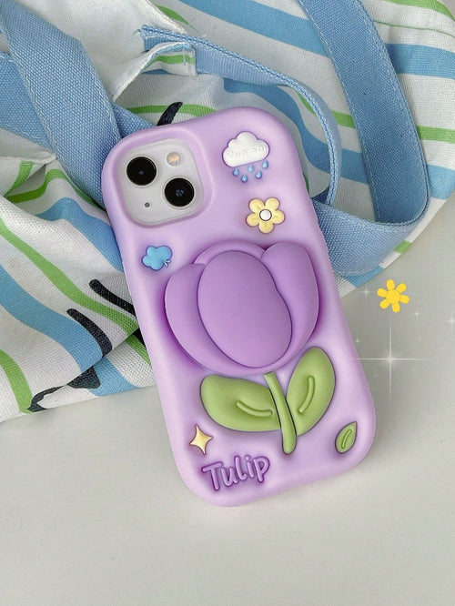 1pc Cartoon 3D Tulip Phone Stand Case Compatible With IPhone 17 16 15 14 13 12 11 Series, Anti-Drop Silicone Soft Shell, Highly Attractive Aesthetic Protective Case