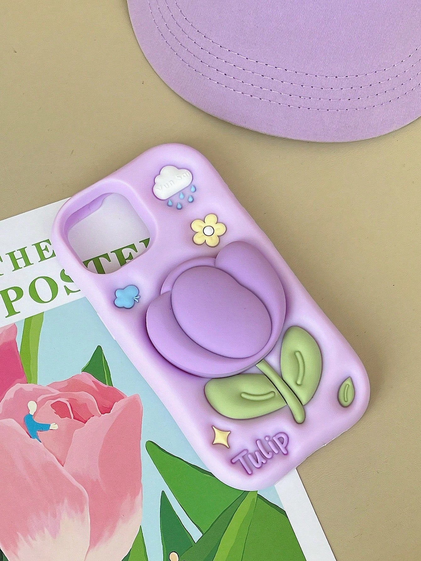 1pc Cartoon 3D Tulip Phone Stand Case Compatible With IPhone 17 16 15 14 13 12 11 Series, Anti-Drop Silicone Soft Shell, Highly Attractive Aesthetic Protective Case