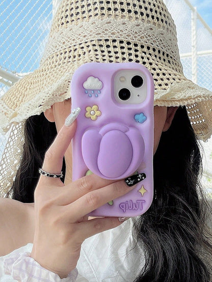 1pc Cartoon 3D Tulip Phone Stand Case Compatible With IPhone 17 16 15 14 13 12 11 Series, Anti-Drop Silicone Soft Shell, Highly Attractive Aesthetic Protective Case