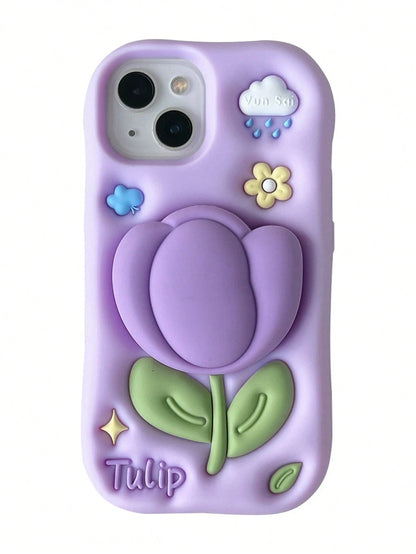 1pc Cartoon 3D Tulip Phone Stand Case Compatible With IPhone 17 16 15 14 13 12 11 Series, Anti-Drop Silicone Soft Shell, Highly Attractive Aesthetic Protective Case