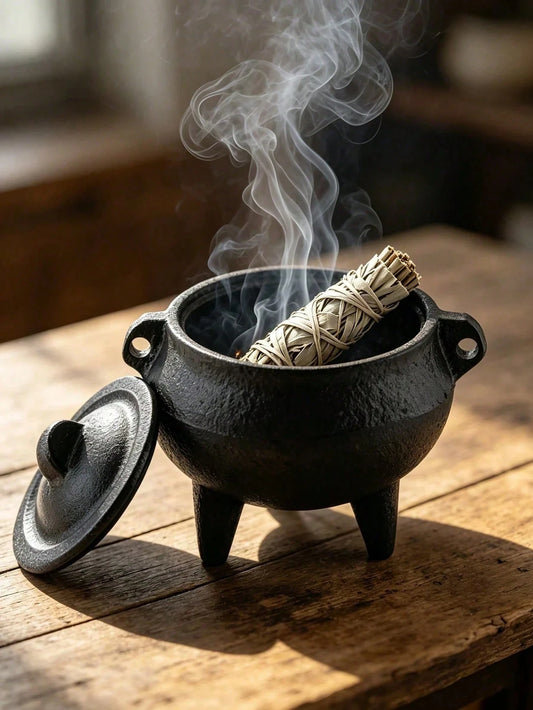 1pc Cast Iron Incense Burner With Lid, Three-Legged Sage And Palo Santo Incense Holder, Portable Meditation Purification Bowl, Home Space Purification, Vintage Desktop Decor Ritual Ornament, Suitable
