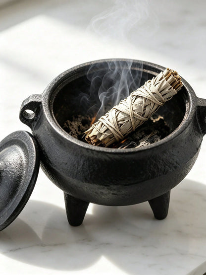1pc Cast Iron Incense Burner With Lid, Three-Legged Sage And Palo Santo Incense Holder, Portable Meditation Purification Bowl, Home Space Purification, Vintage Desktop Decor Ritual Ornament, Suitable