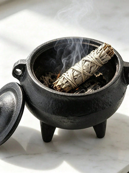 1pc Cast Iron Incense Burner With Lid, Three-Legged Sage And Palo Santo Incense Holder, Portable Meditation Purification Bowl, Home Space Purification, Vintage Desktop Decor Ritual Ornament, Suitable