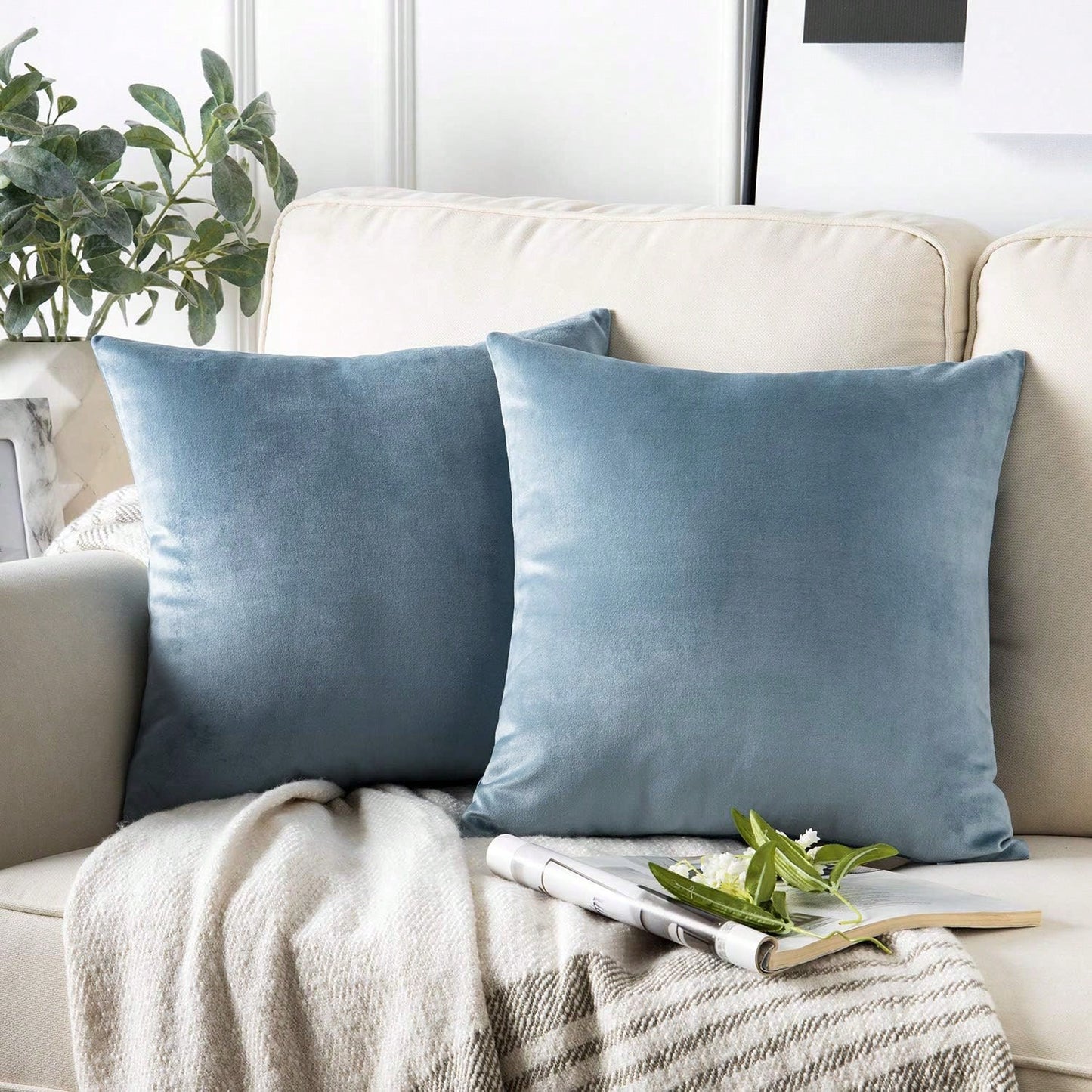 1pc Chemical Fiber Cushion Cover, Minimalist Lake Blue Decorative Throw Pillow Case Without Filler For Sofa