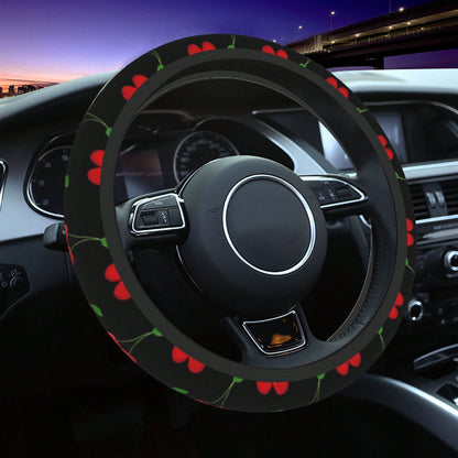1pc Cherry Print Car Steering Wheel Cover, Waterproof, No Inner Ring, Protective Cover For Car Interior Steering Wheel, Suitable For All Seasons