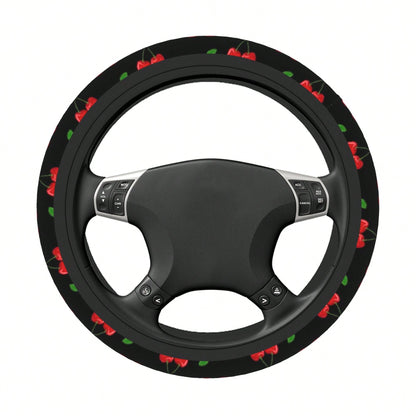 1pc Cherry Print Car Steering Wheel Cover, Waterproof, No Inner Ring, Protective Cover For Car Interior Steering Wheel, Suitable For All Seasons