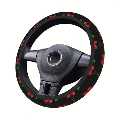 1pc Cherry Print Car Steering Wheel Cover, Waterproof, No Inner Ring, Protective Cover For Car Interior Steering Wheel, Suitable For All Seasons