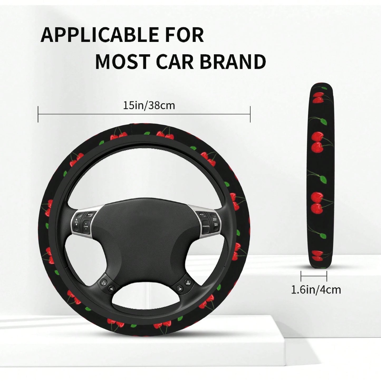 1pc Cherry Print Car Steering Wheel Cover, Waterproof, No Inner Ring, Protective Cover For Car Interior Steering Wheel, Suitable For All Seasons