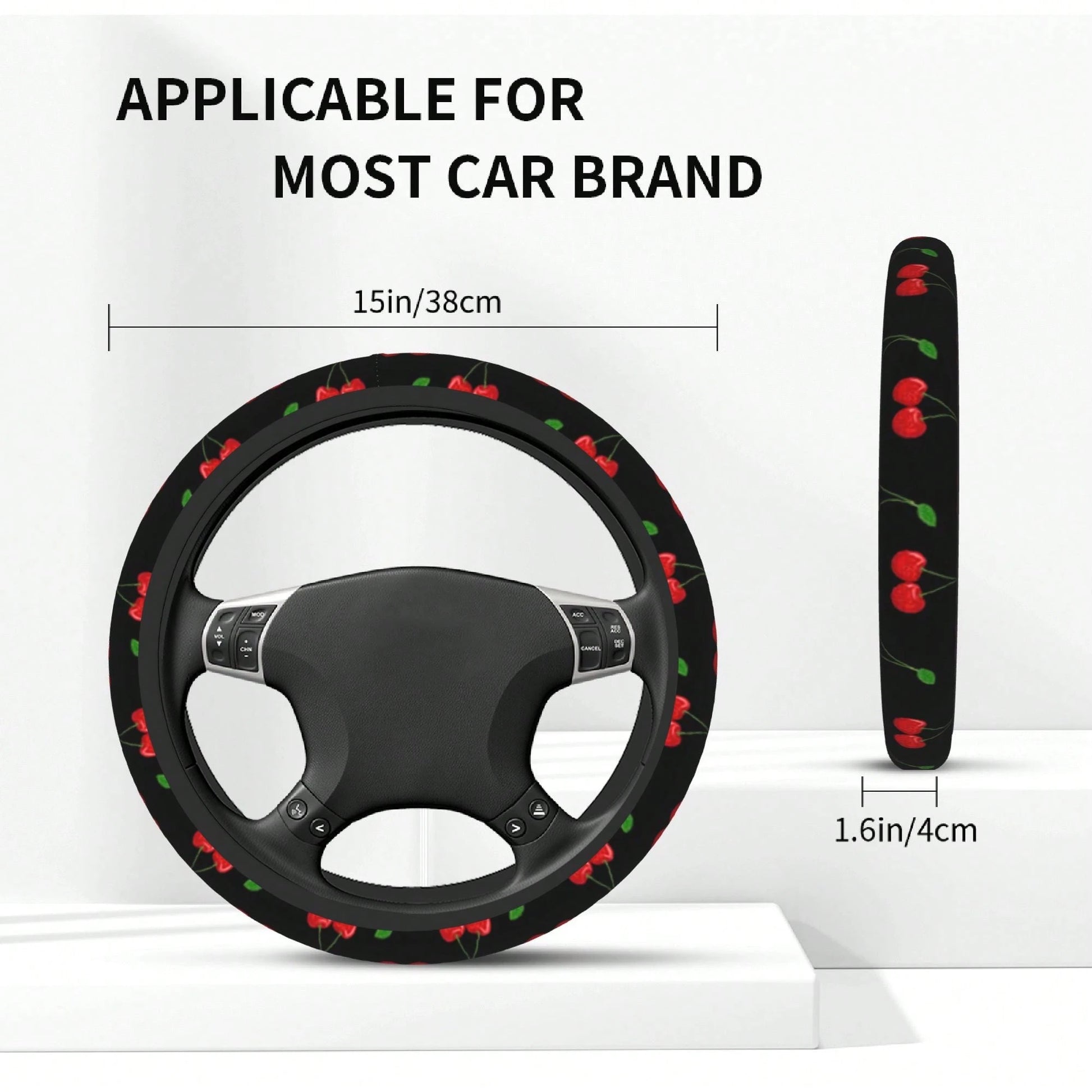 1pc Cherry Print Car Steering Wheel Cover, Waterproof, No Inner Ring, Protective Cover For Car Interior Steering Wheel, Suitable For All Seasons