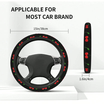1pc Cherry Print Car Steering Wheel Cover, Waterproof, No Inner Ring, Protective Cover For Car Interior Steering Wheel, Suitable For All Seasons