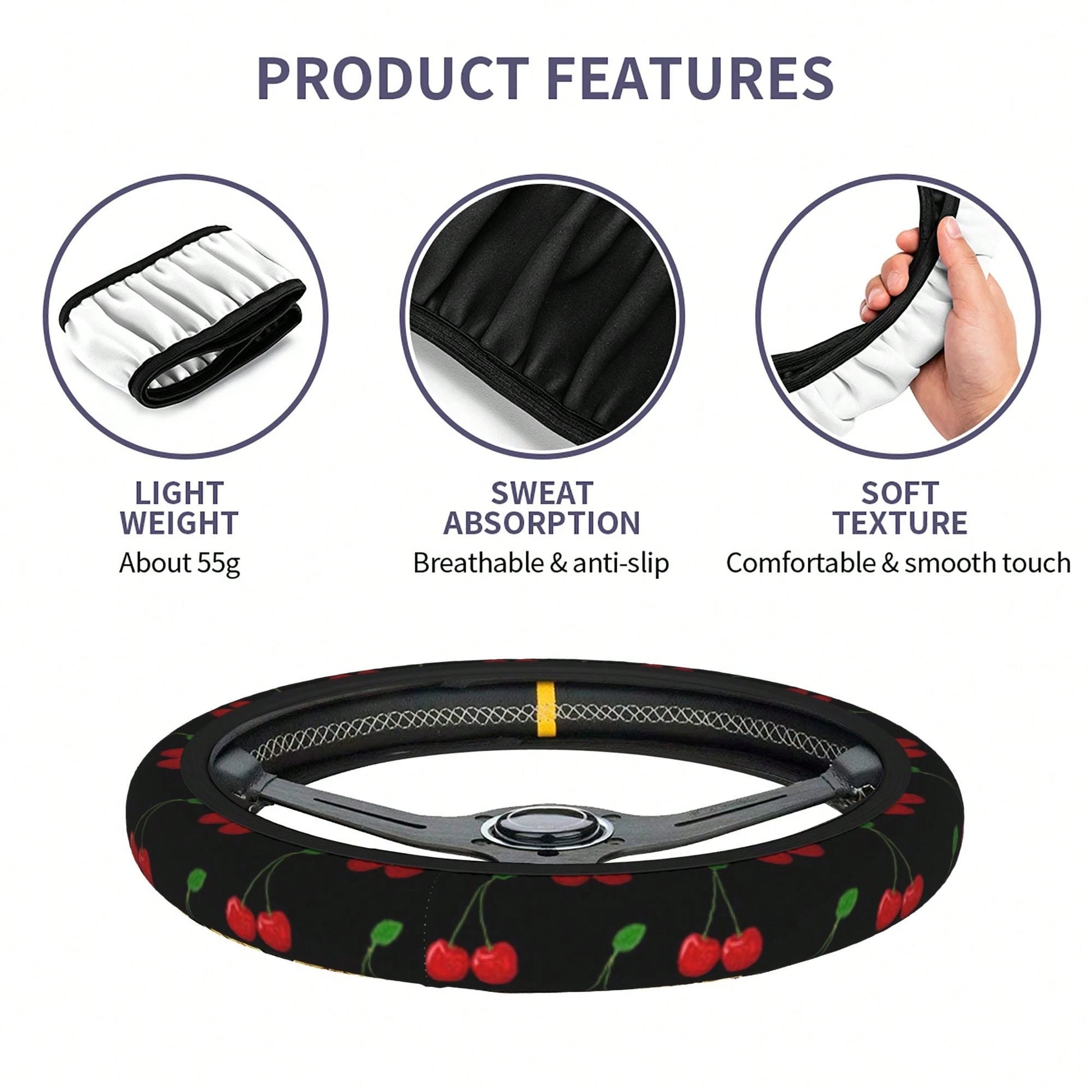 1pc Cherry Print Car Steering Wheel Cover, Waterproof, No Inner Ring, Protective Cover For Car Interior Steering Wheel, Suitable For All Seasons