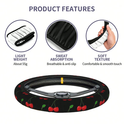 1pc Cherry Print Car Steering Wheel Cover, Waterproof, No Inner Ring, Protective Cover For Car Interior Steering Wheel, Suitable For All Seasons