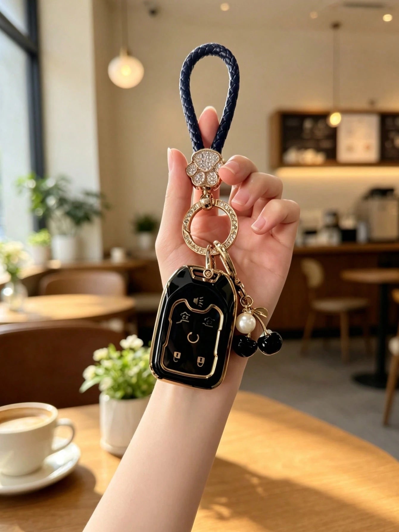 1PC Cherry Rhinestone Cat Paw Keychain Suitable For GMC Chevrolet Car Key Cover Colorad High-End Fashion Suburban Key Shell Couple Keychain