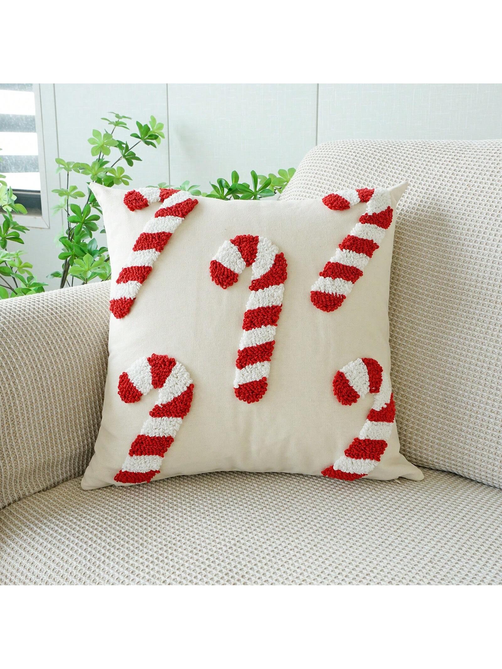 1pc Christmas Candy Cane Theme Plush Pillow Case, Holiday Home Decor Cushion Cover, Bedroom Decorative Throw Pillow Cover