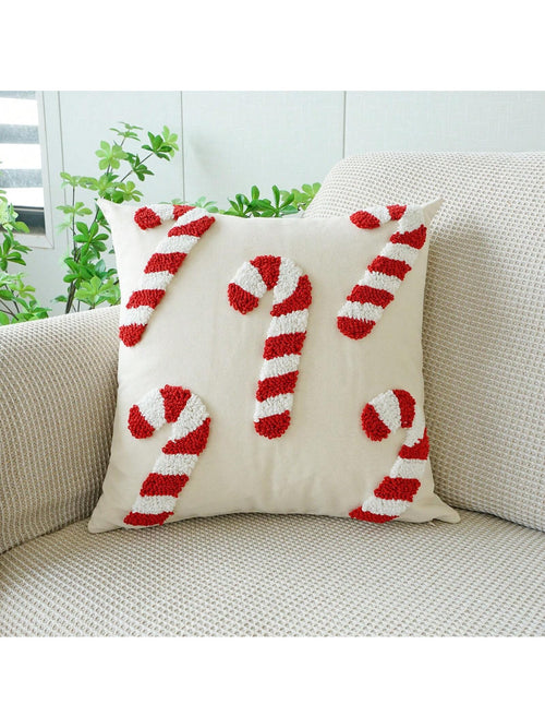 1pc Christmas Candy Cane Theme Plush Pillow Case, Holiday Home Decor Cushion Cover, Bedroom Decorative Throw Pillow Cover