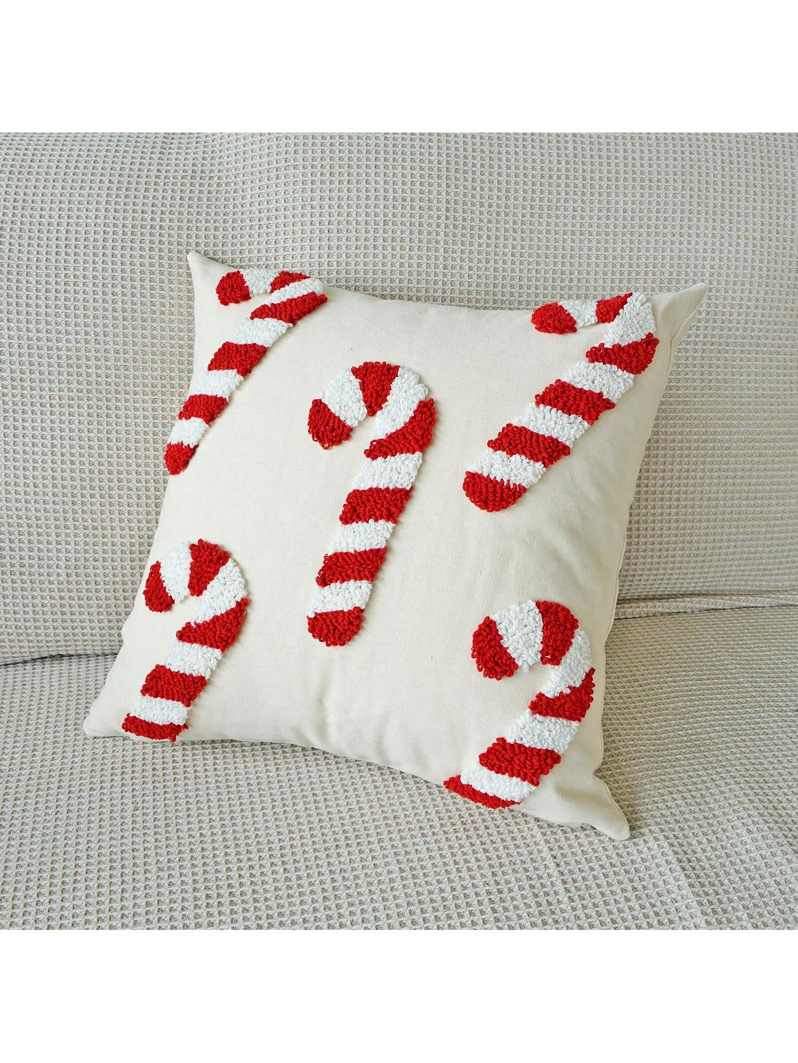 1pc Christmas Candy Cane Theme Plush Pillow Case, Holiday Home Decor Cushion Cover, Bedroom Decorative Throw Pillow Cover