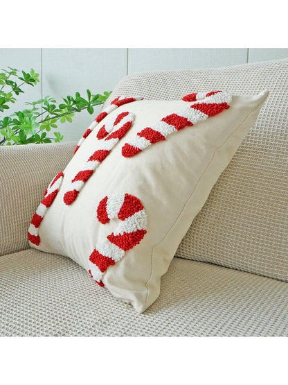 1pc Christmas Candy Cane Theme Plush Pillow Case, Holiday Home Decor Cushion Cover, Bedroom Decorative Throw Pillow Cover