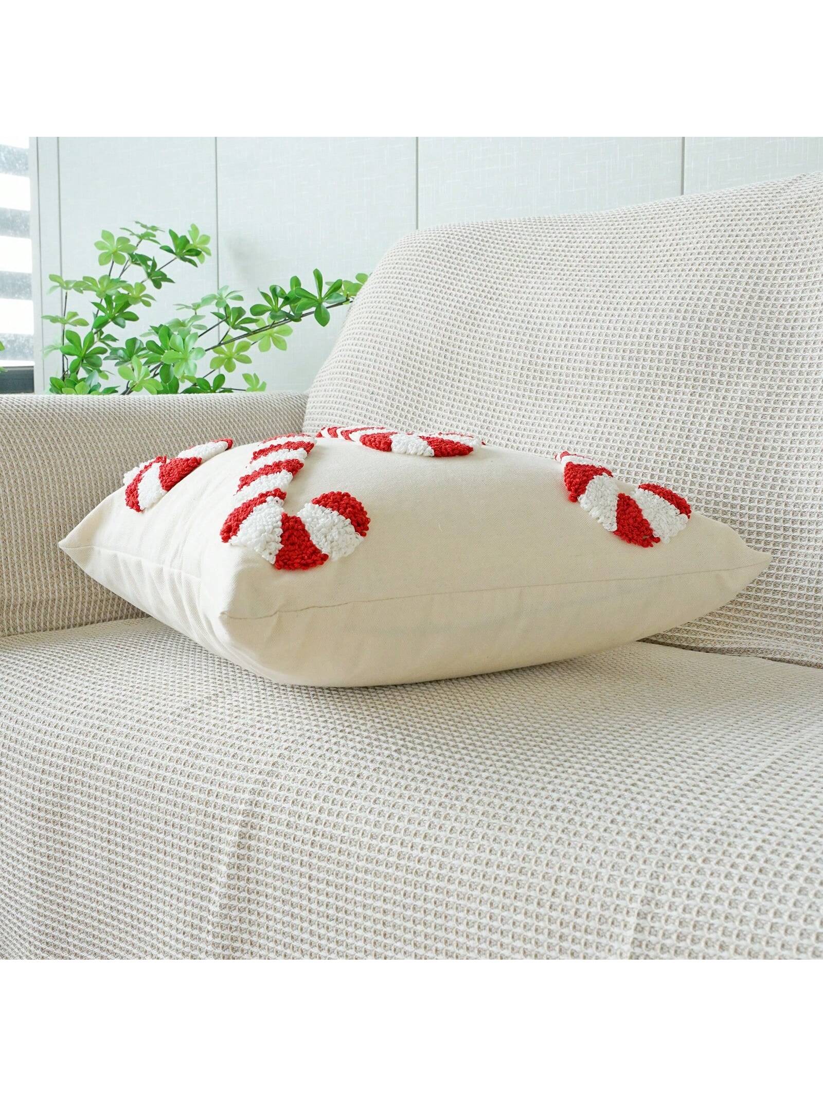 1pc Christmas Candy Cane Theme Plush Pillow Case, Holiday Home Decor Cushion Cover, Bedroom Decorative Throw Pillow Cover