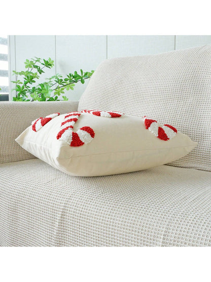 1pc Christmas Candy Cane Theme Plush Pillow Case, Holiday Home Decor Cushion Cover, Bedroom Decorative Throw Pillow Cover