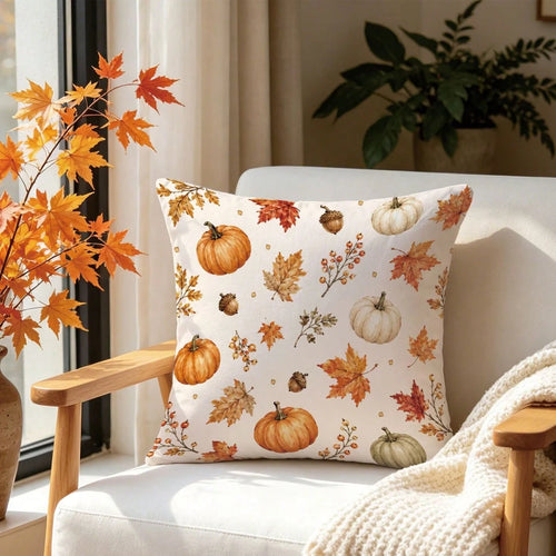 1pc Colorful Pumpkin Acorn Maple Leaf Autumn Harvest Theme Cushion Cover, Single-Sided Printed Skin-Friendly Peach Skin Velvet Material, 45*45CM Pillowcase Suitable For Room Decoration, Indoor Living