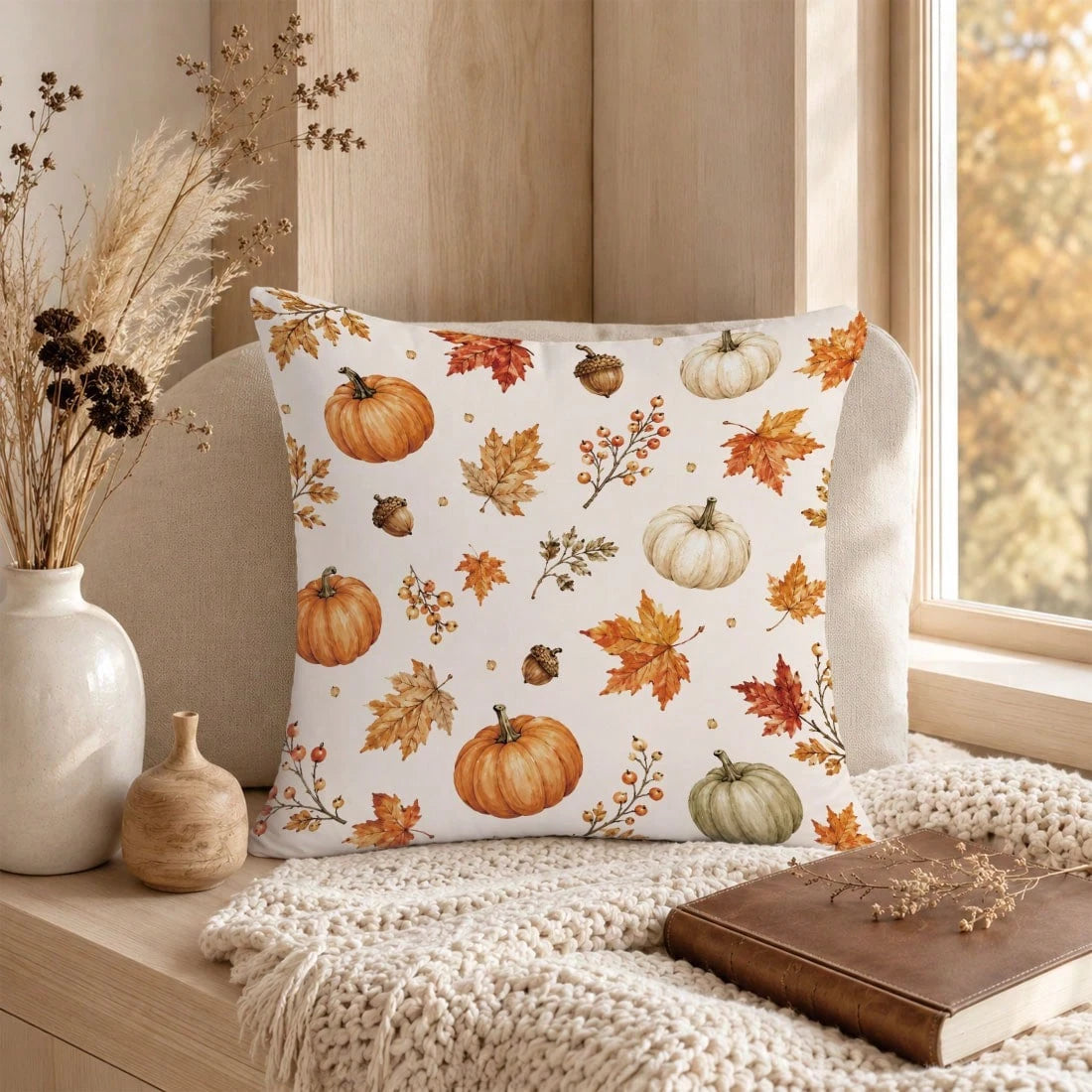 1pc Colorful Pumpkin Acorn Maple Leaf Autumn Harvest Theme Cushion Cover, Single-Sided Printed Skin-Friendly Peach Skin Velvet Material, 45*45CM Pillowcase Suitable For Room Decoration, Indoor Living