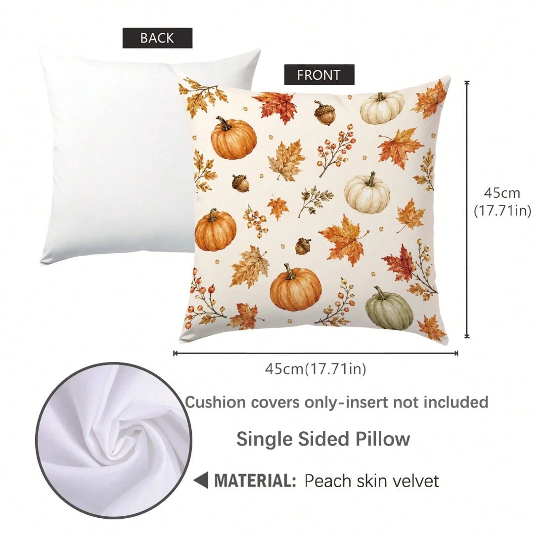 1pc Colorful Pumpkin Acorn Maple Leaf Autumn Harvest Theme Cushion Cover, Single-Sided Printed Skin-Friendly Peach Skin Velvet Material, 45*45CM Pillowcase Suitable For Room Decoration, Indoor Living