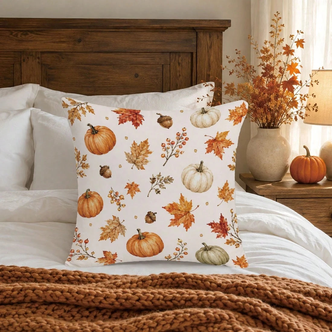 1pc Colorful Pumpkin Acorn Maple Leaf Autumn Harvest Theme Cushion Cover, Single-Sided Printed Skin-Friendly Peach Skin Velvet Material, 45*45CM Pillowcase Suitable For Room Decoration, Indoor Living