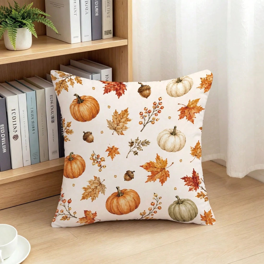 1pc Colorful Pumpkin Acorn Maple Leaf Autumn Harvest Theme Cushion Cover, Single-Sided Printed Skin-Friendly Peach Skin Velvet Material, 45*45CM Pillowcase Suitable For Room Decoration, Indoor Living