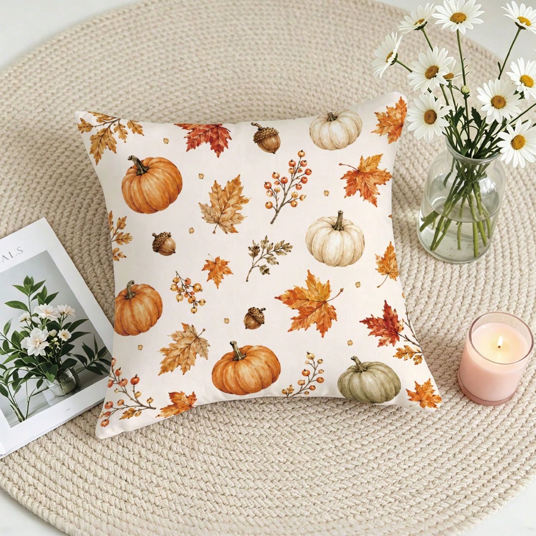 1pc Colorful Pumpkin Acorn Maple Leaf Autumn Harvest Theme Cushion Cover, Single-Sided Printed Skin-Friendly Peach Skin Velvet Material, 45*45CM Pillowcase Suitable For Room Decoration, Indoor Living