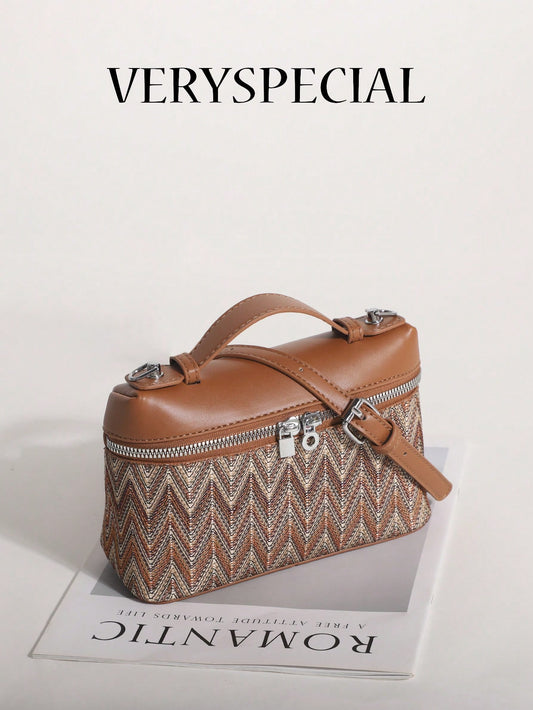 1pc Colorful Wavy Striped Fabric Patchwork Zipper Box Bag Handbag Vintage Bohemian Style Crossbody Shoulder Bag Suitable For Shopping, Vacation, Casual