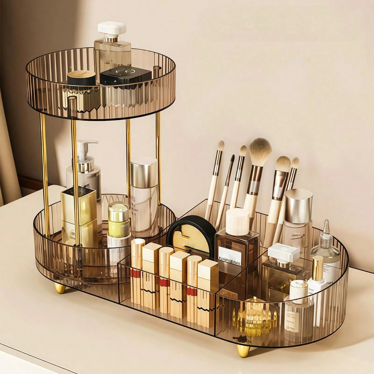 1pc Cosmetic Storage Box- Multifunctional Desktop Perfume Tray Holder, Suitable For Storing Skincare Products And Makeup Brushes, Fashionable Design, Smooth Rotation, Ideal Choice For Beauty Lovers