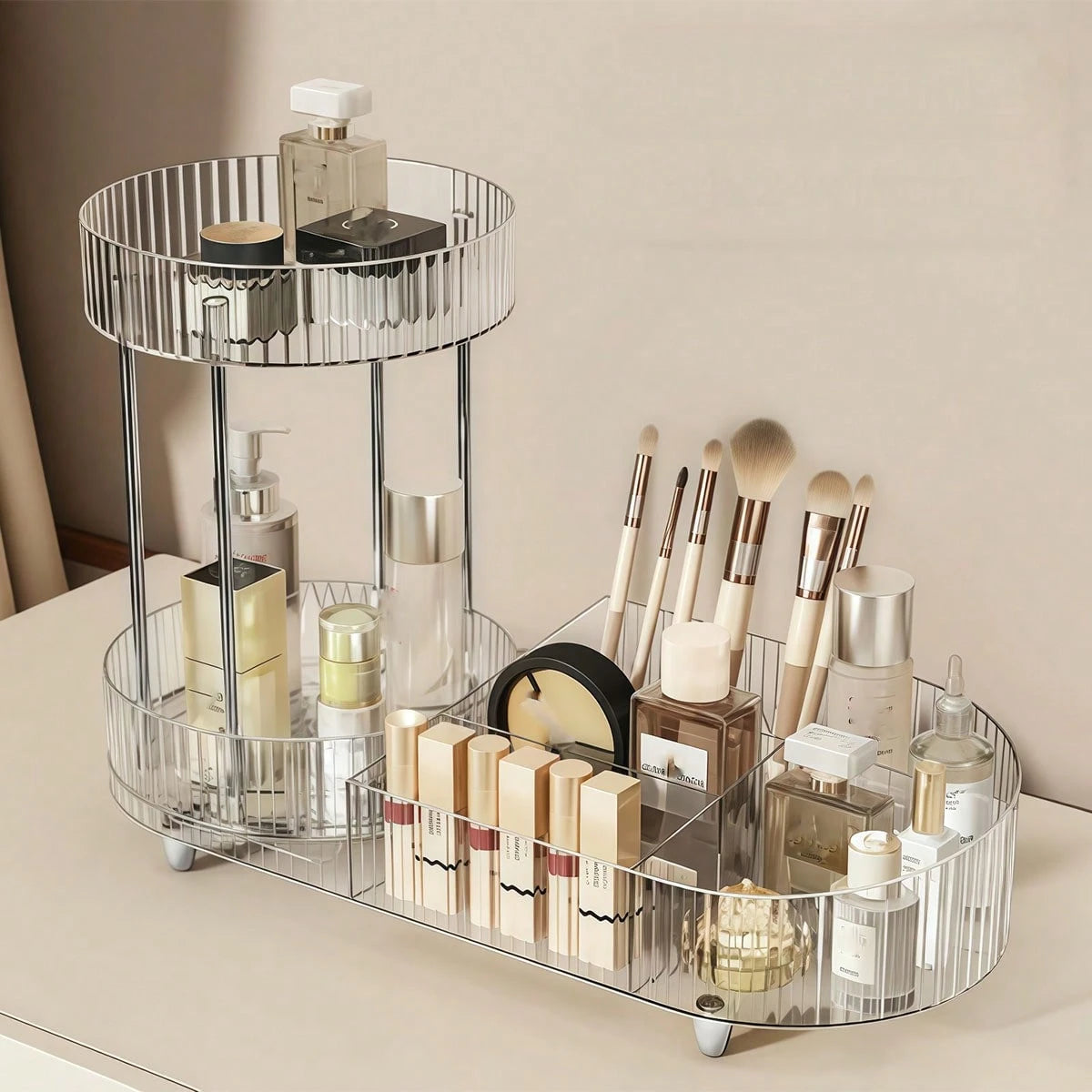 1pc Cosmetic Storage Box- Multifunctional Desktop Perfume Tray Holder, Suitable For Storing Skincare Products And Makeup Brushes, Fashionable Design, Smooth Rotation, Ideal Choice For Beauty Lovers