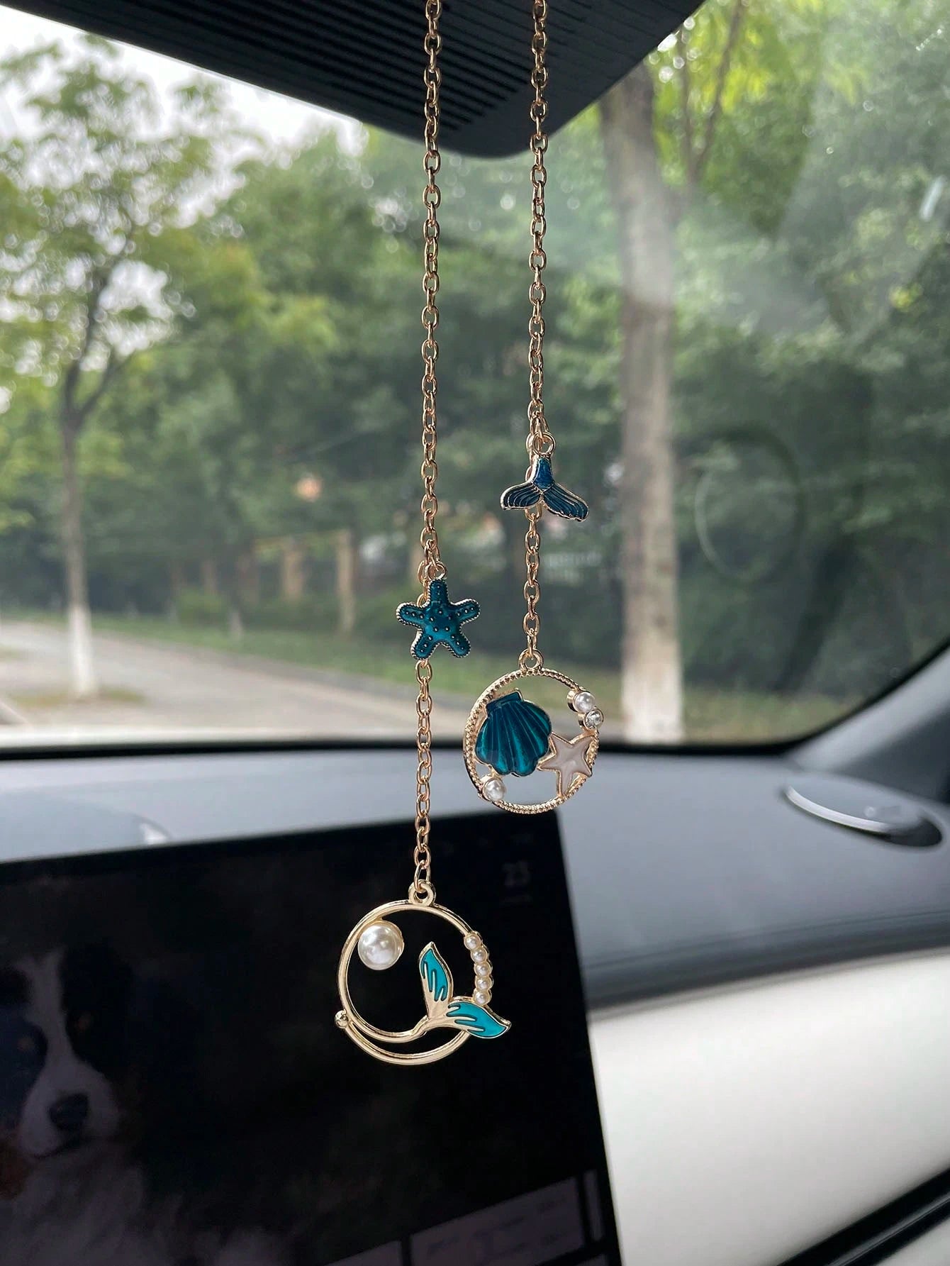 1pc Creative Ocean Series Mermaid Shell Starfish Pearl Car Hanging Ornament, Alloy Oil-Drip Shell Starfish Mermaid Tail Pendant Accessory, Creative DIY Pendant Car Rearview Mirror Hanging Ornament, Pe