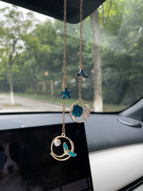 1pc Creative Ocean Series Mermaid Shell Starfish Pearl Car Hanging Ornament, Alloy Oil-Drip Shell Starfish Mermaid Tail Pendant Accessory, Creative DIY Pendant Car Rearview Mirror Hanging Ornament, Pe