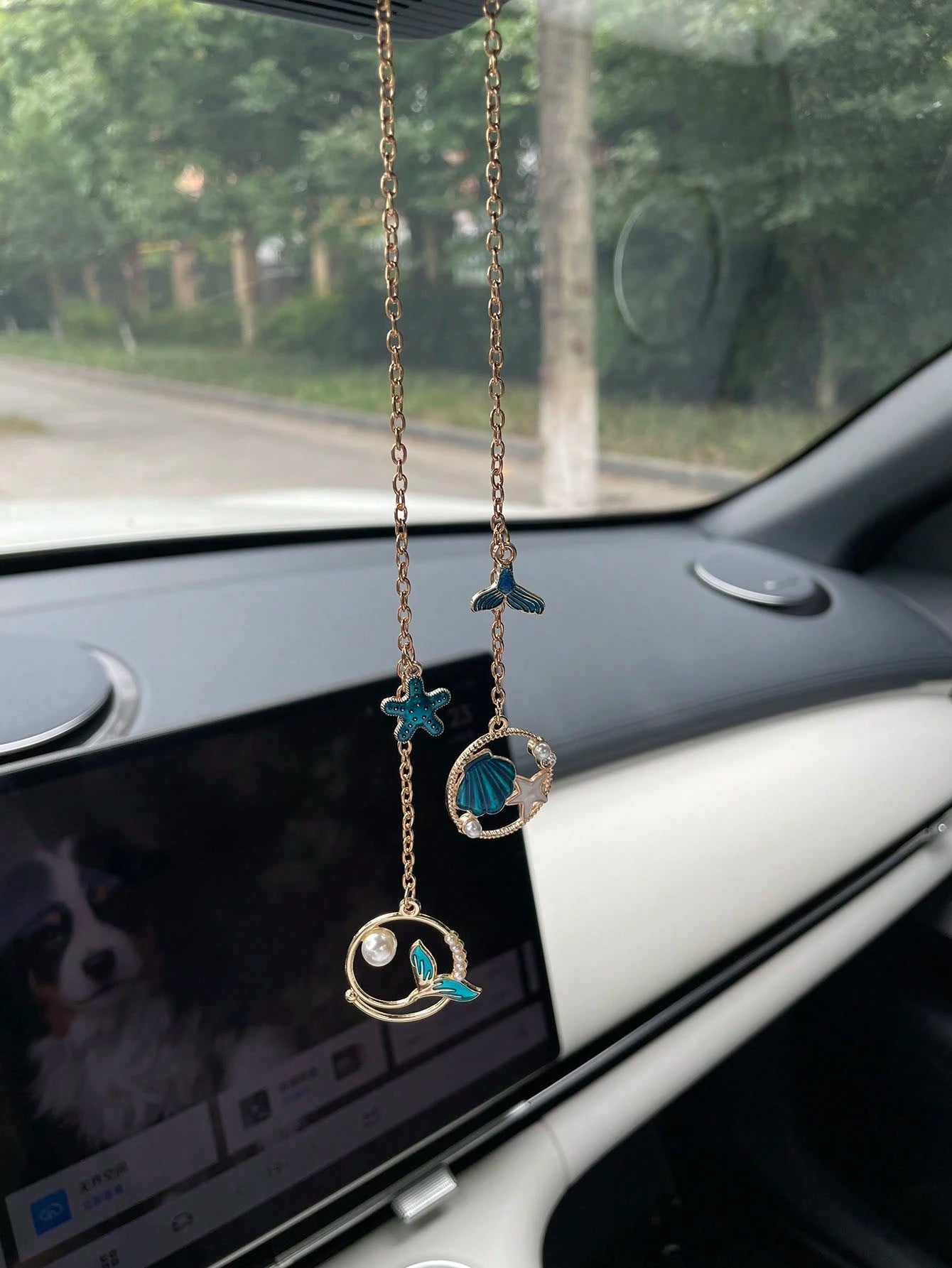 1pc Creative Ocean Series Mermaid Shell Starfish Pearl Car Hanging Ornament, Alloy Oil-Drip Shell Starfish Mermaid Tail Pendant Accessory, Creative DIY Pendant Car Rearview Mirror Hanging Ornament, Pe