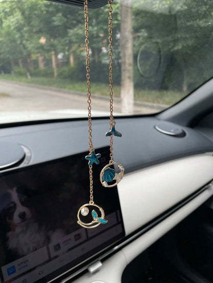 1pc Creative Ocean Series Mermaid Shell Starfish Pearl Car Hanging Ornament, Alloy Oil-Drip Shell Starfish Mermaid Tail Pendant Accessory, Creative DIY Pendant Car Rearview Mirror Hanging Ornament, Pe