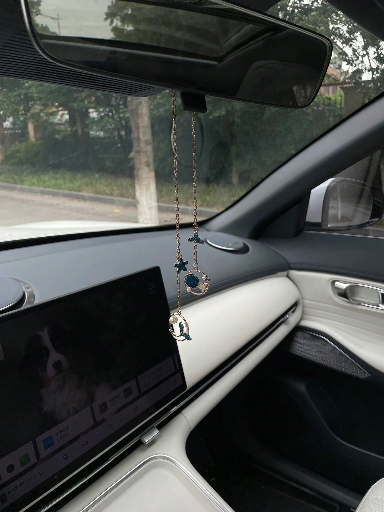 1pc Creative Ocean Series Mermaid Shell Starfish Pearl Car Hanging Ornament, Alloy Oil-Drip Shell Starfish Mermaid Tail Pendant Accessory, Creative DIY Pendant Car Rearview Mirror Hanging Ornament, Pe