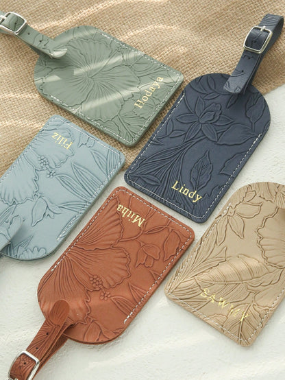 1PC Custom Name Luggage Tag For Suitcases Customized Gold Monogram Name Luggage Tags With Carving Flower Patterns Personalized Vegan Leather Tag With Privacy Name Card Travel Accessories Handmade Eleg