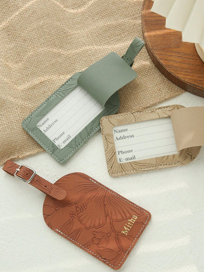1PC Custom Name Luggage Tag For Suitcases Customized Gold Monogram Name Luggage Tags With Carving Flower Patterns Personalized Vegan Leather Tag With Privacy Name Card Travel Accessories Handmade Eleg