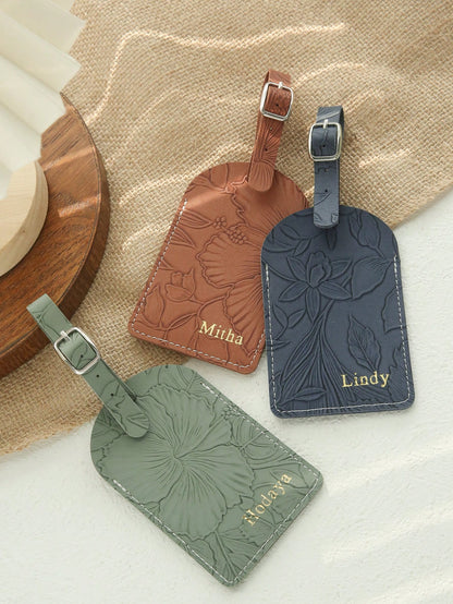 1PC Custom Name Luggage Tag For Suitcases Customized Gold Monogram Name Luggage Tags With Carving Flower Patterns Personalized Vegan Leather Tag With Privacy Name Card Travel Accessories Handmade Eleg