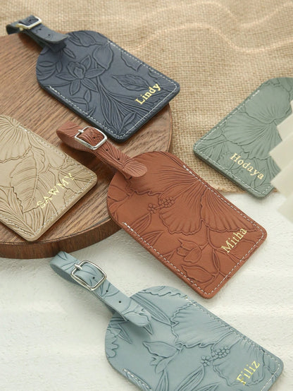 1PC Custom Name Luggage Tag For Suitcases Customized Gold Monogram Name Luggage Tags With Carving Flower Patterns Personalized Vegan Leather Tag With Privacy Name Card Travel Accessories Handmade Eleg