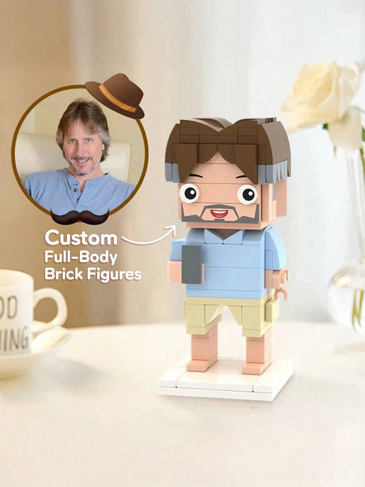 1pc Customized Brick Figure Doll (Over 300 Bricks), Brick Couple Figurine, Square-Faced Brick Head Portrait, Full-Body Brick Figure Doll Gift For Adults 14+ Years Old, For Family, Personalized Gift, A