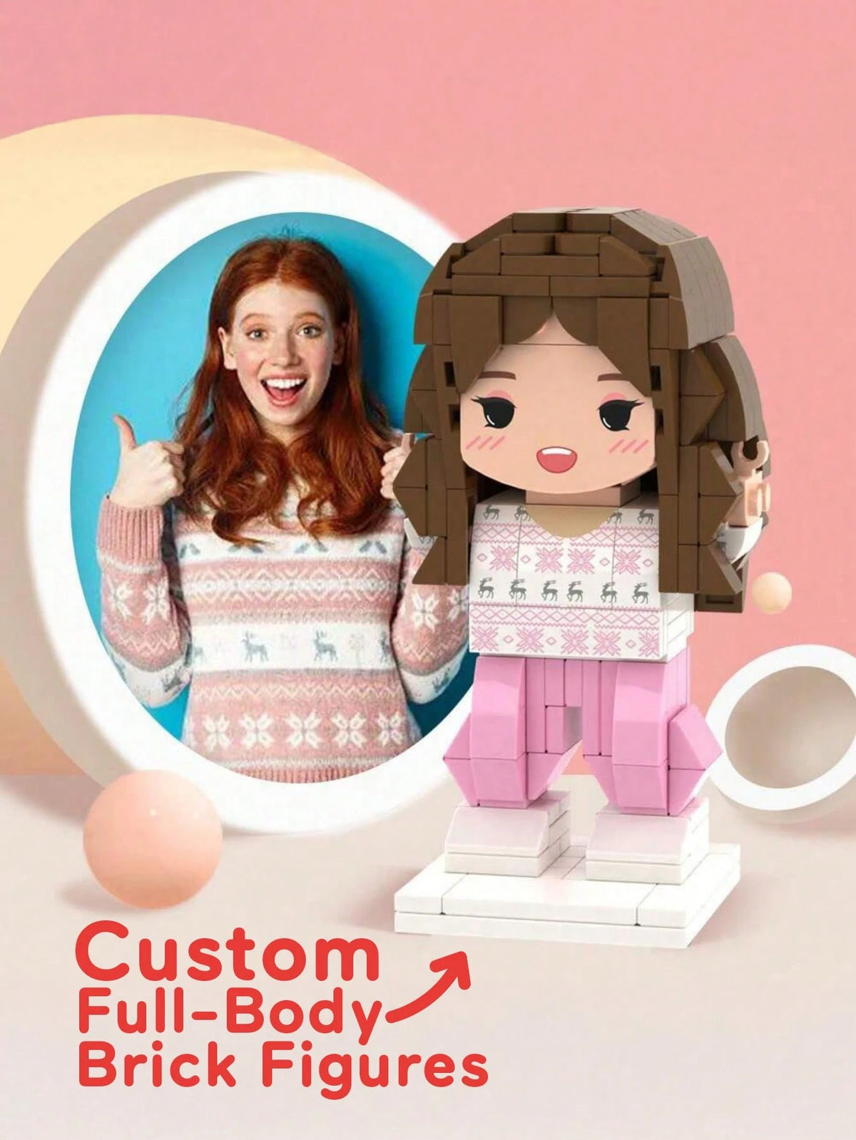 1pc Customized Brick Figure Doll (Over 300 Bricks), Brick Couple Figurine, Square-Faced Brick Head Portrait, Full-Body Brick Figure Doll Gift For Adults 14+ Years Old, For Family, Personalized Gift, A